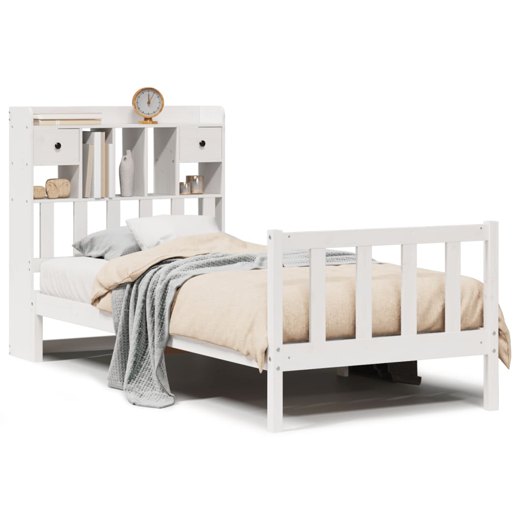 vidaXL Cama con estantería sin colchón madera maciza blanca 75x190 cm