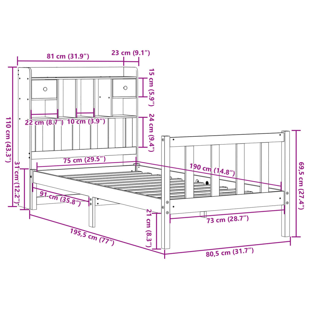 vidaXL Cama con estantería sin colchón madera maciza blanca 75x190 cm