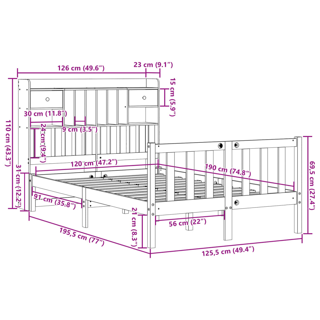 vidaXL Cama con estantería sin colchón madera maciza blanca 120x190 cm