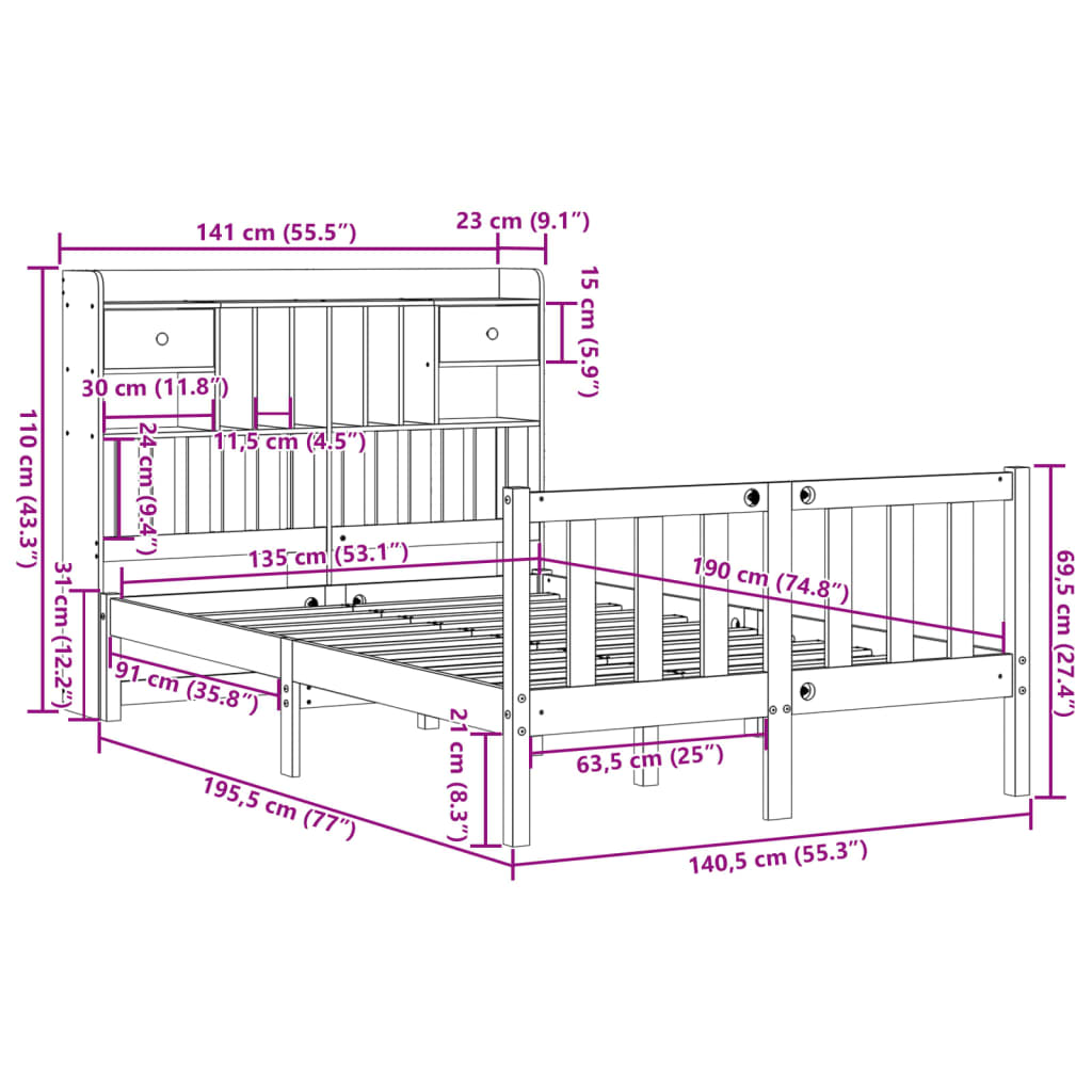 vidaXL Cama con estantería sin colchón madera maciza de pino 135x190cm