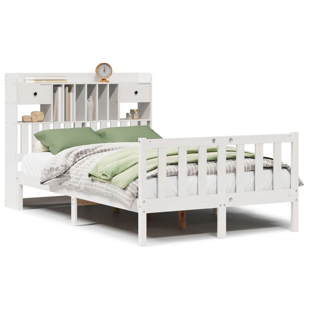 vidaXL Cama con estantería sin colchón madera maciza blanca 135x190 cm