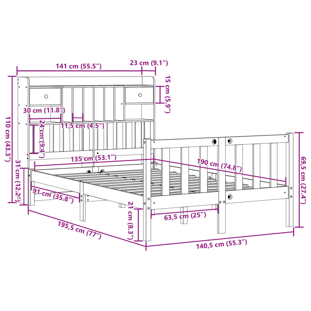 vidaXL Cama con estantería sin colchón madera maciza blanca 135x190 cm