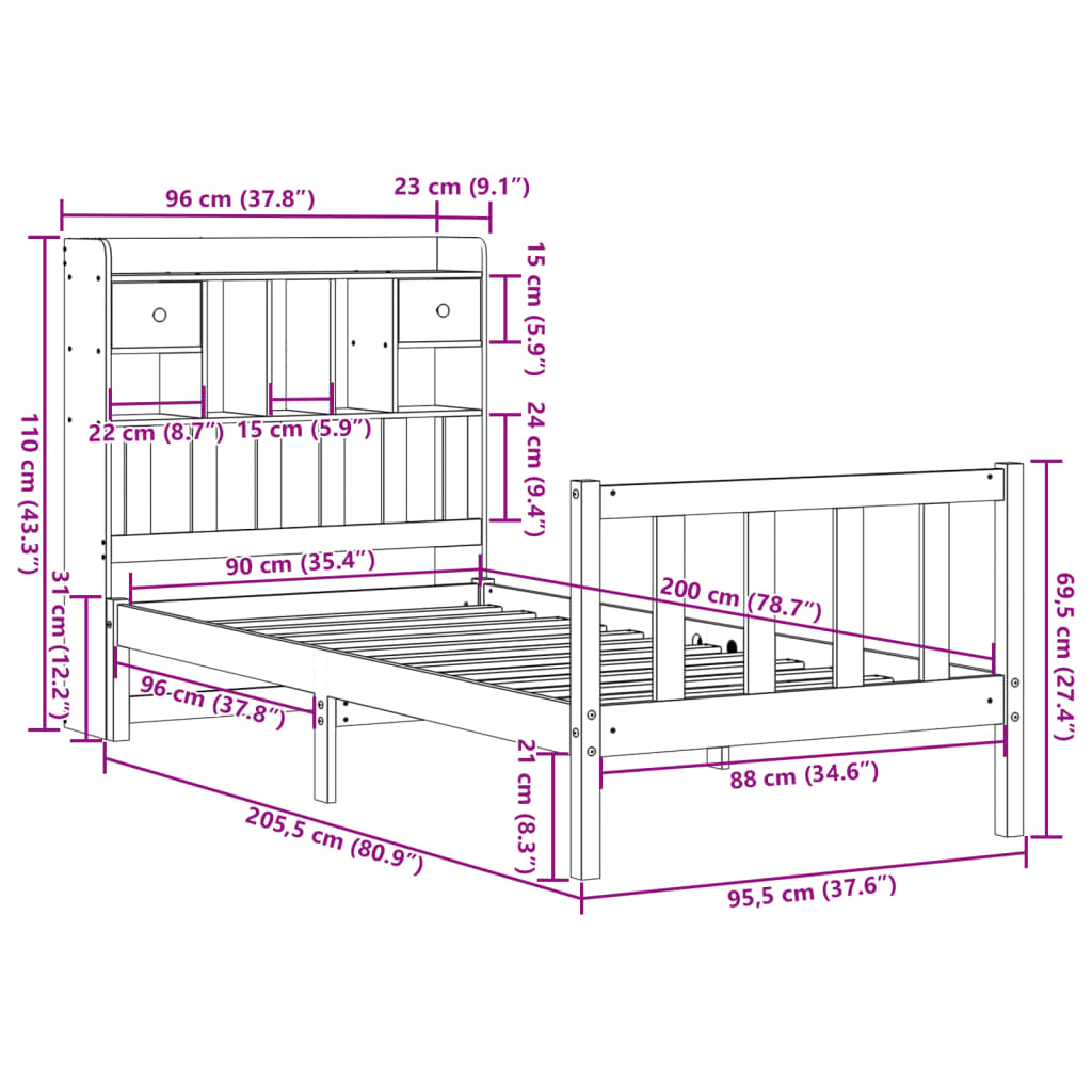 vidaXL Cama con estantería sin colchón madera maciza de pino 90x200 cm