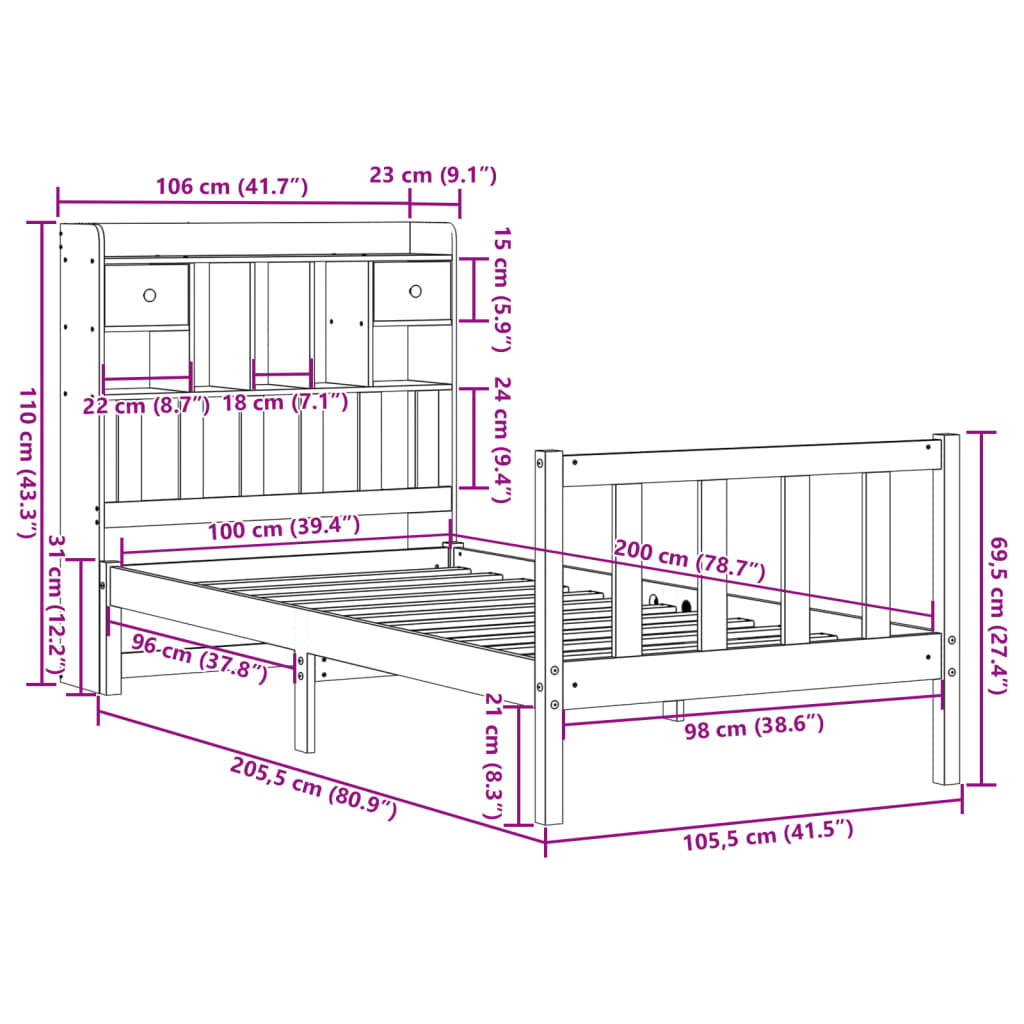 vidaXL Cama con estantería sin colchón madera maciza blanca 100x200 cm