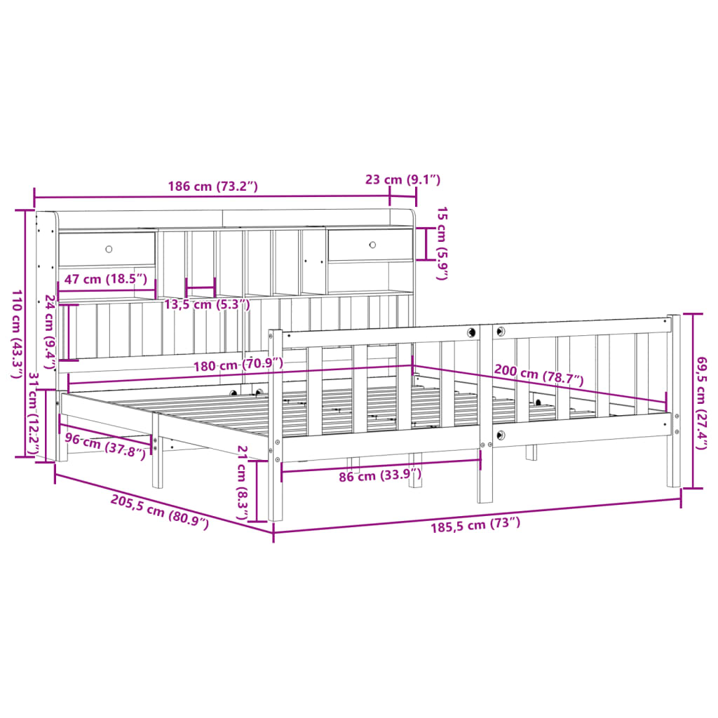 vidaXL Cama con estantería sin colchón madera maciza blanca 180x200 cm