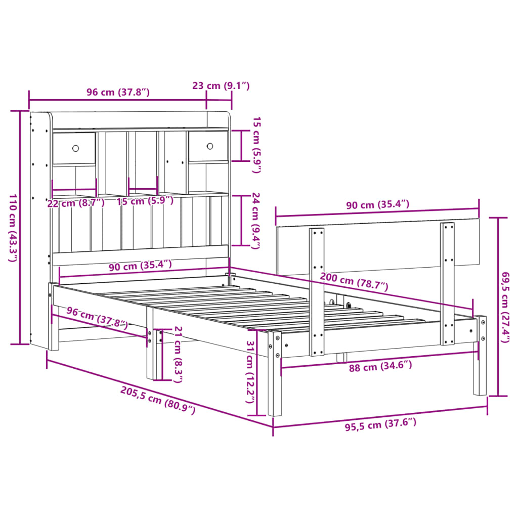 vidaXL Cama con estantería sin colchón madera maciza de pino 90x200 cm