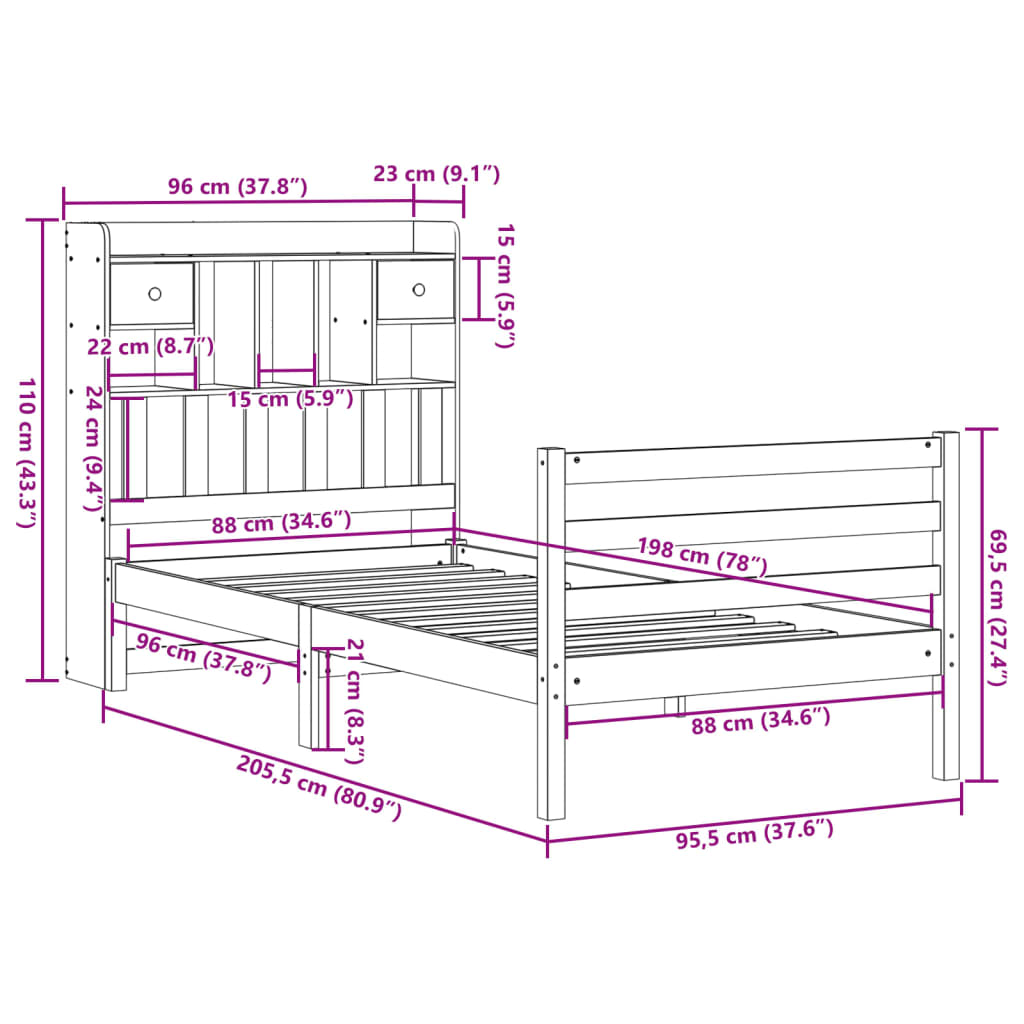 vidaXL Cama con estantería sin colchón madera maciza de pino 90x200 cm