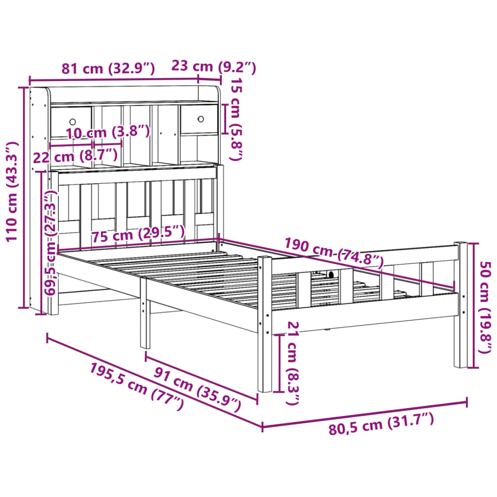 vidaXL Cama con estantería sin colchón madera maciza de pino 75x190 cm