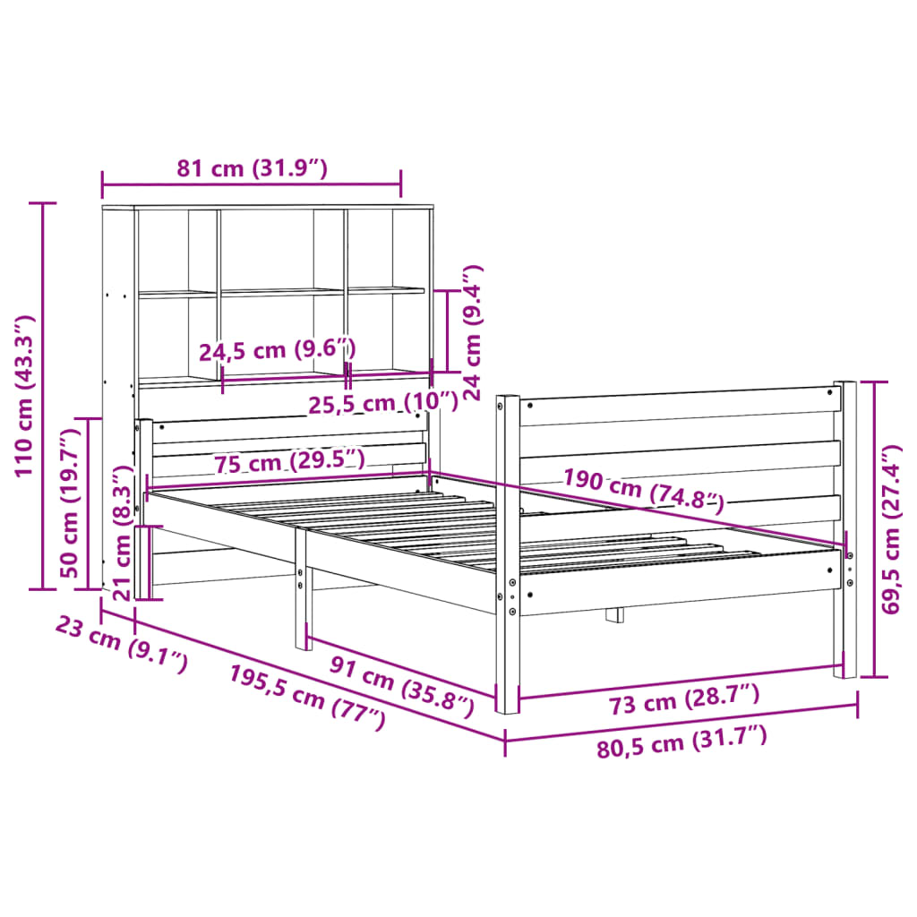 vidaXL Cama con estantería sin colchón madera maciza de pino 75x190 cm