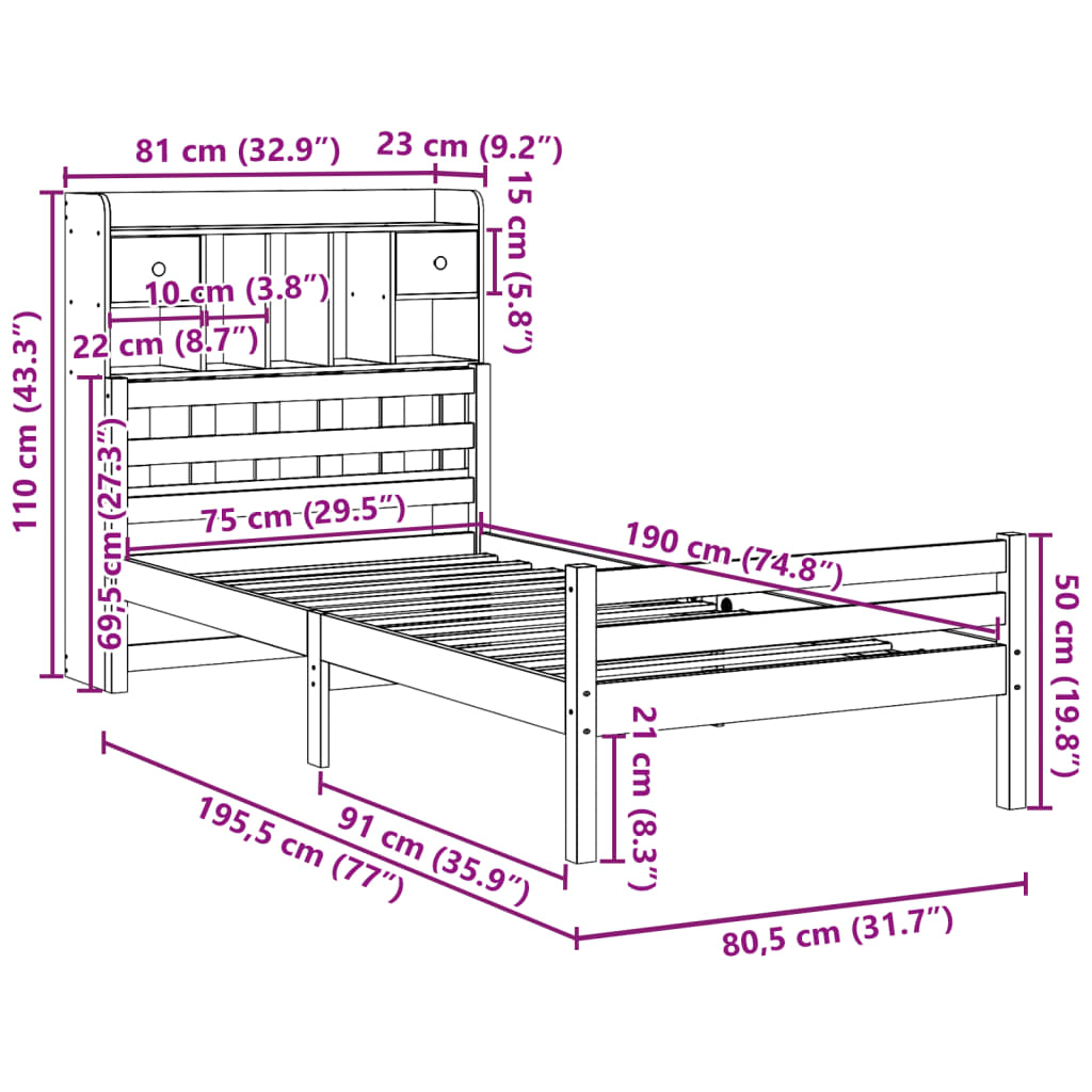 vidaXL Cama con estantería sin colchón madera maciza de pino 75x190 cm