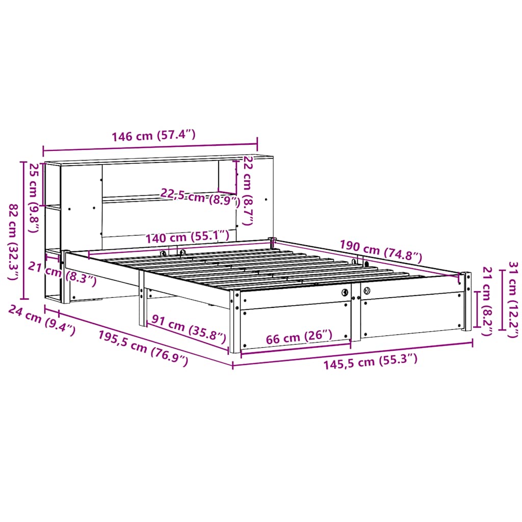 vidaXL Cama con estantería sin colchón madera maciza de pino 140x190cm