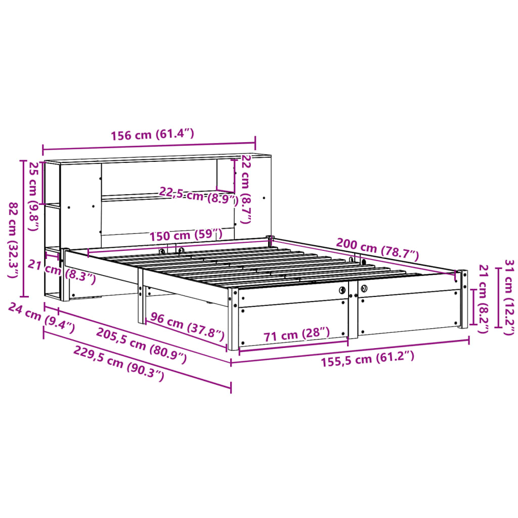 vidaXL Cama con estantería sin colchón madera maciza de pino 150x200cm