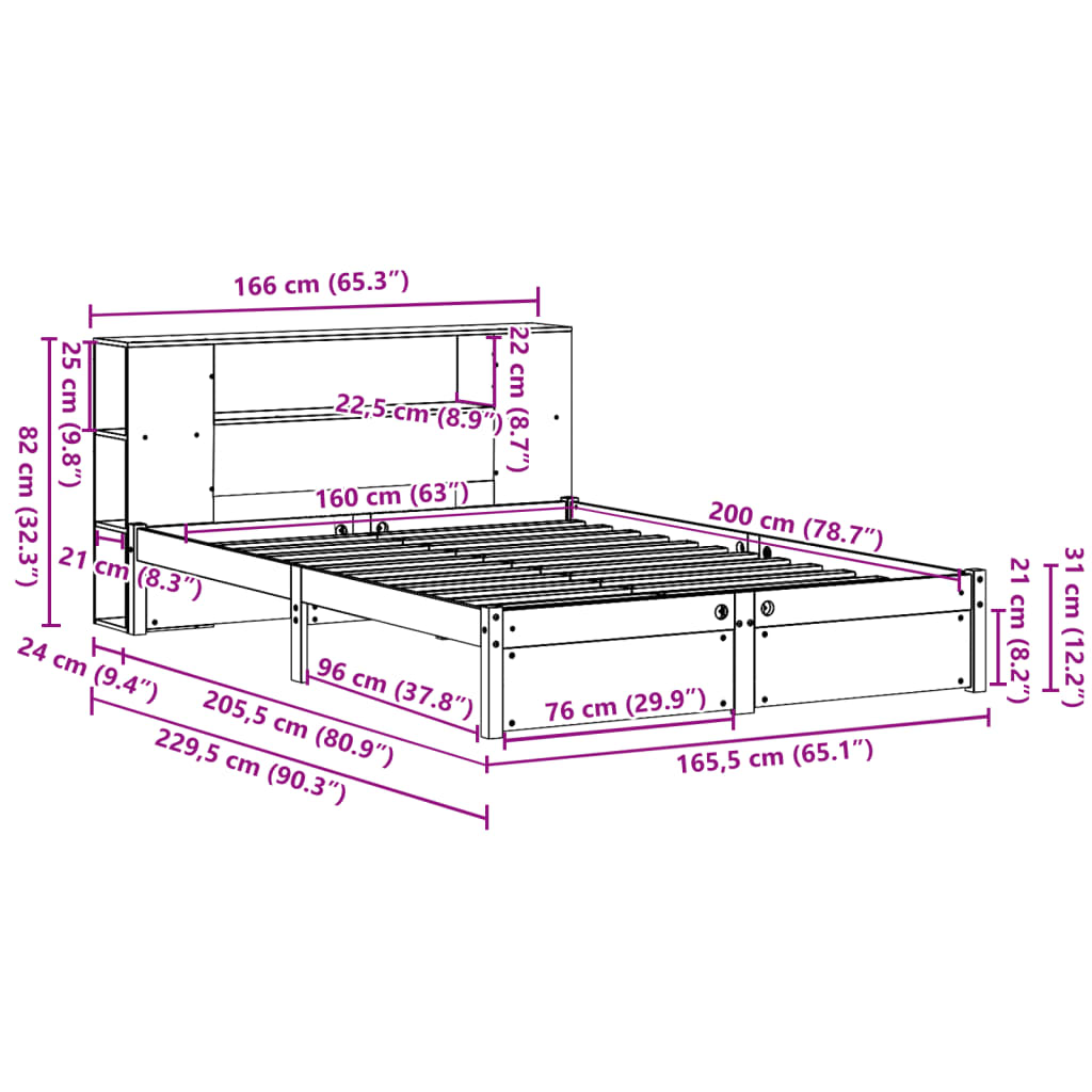 vidaXL Cama con estantería sin colchón madera maciza de pino 160x200cm