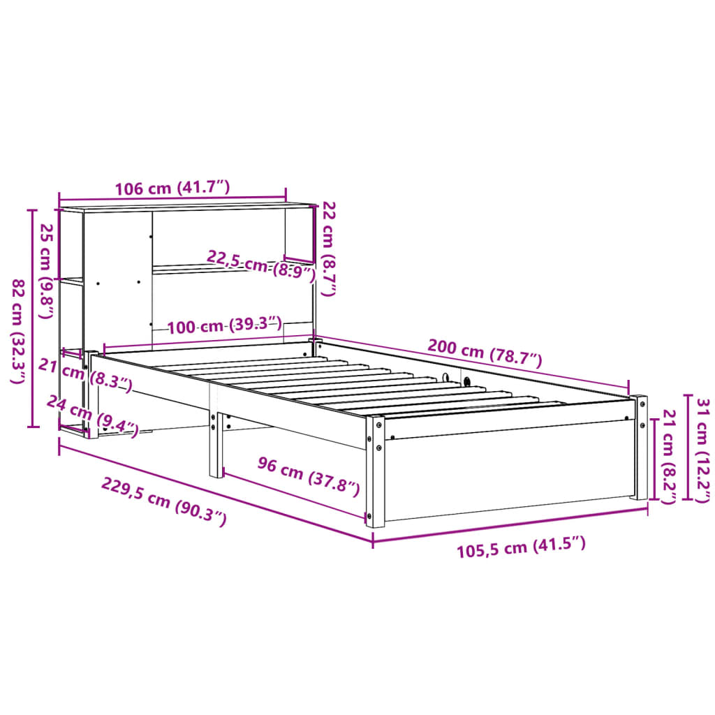 vidaXL Cama con estantería sin colchón madera maciza de pino 100x200cm