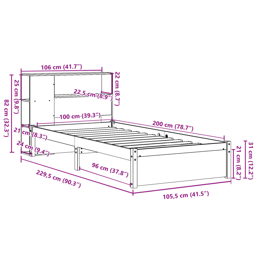 vidaXL Cama con estantería sin colchón madera maciza blanca 100x200 cm