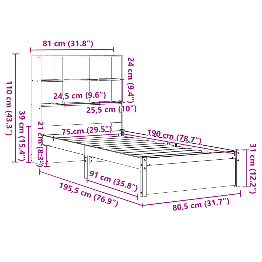 vidaXL Cama con estantería sin colchón madera maciza de pino 75x190 cm