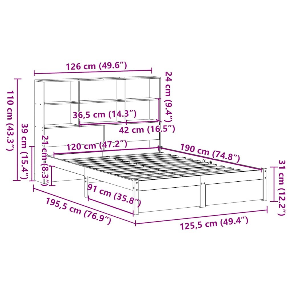 vidaXL Cama con estantería sin colchón madera maciza de pino 120x190cm