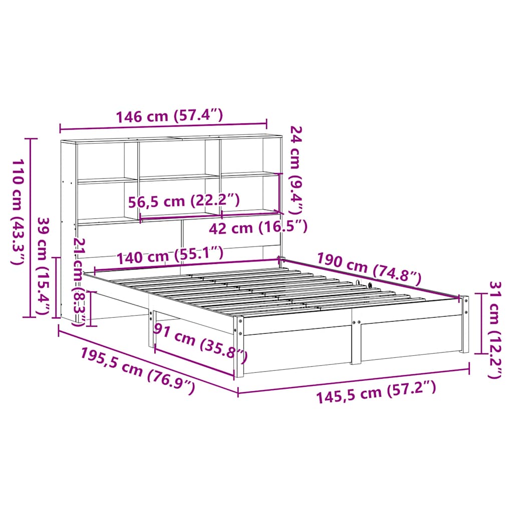 vidaXL Cama con estantería sin colchón madera maciza de pino 140x190cm