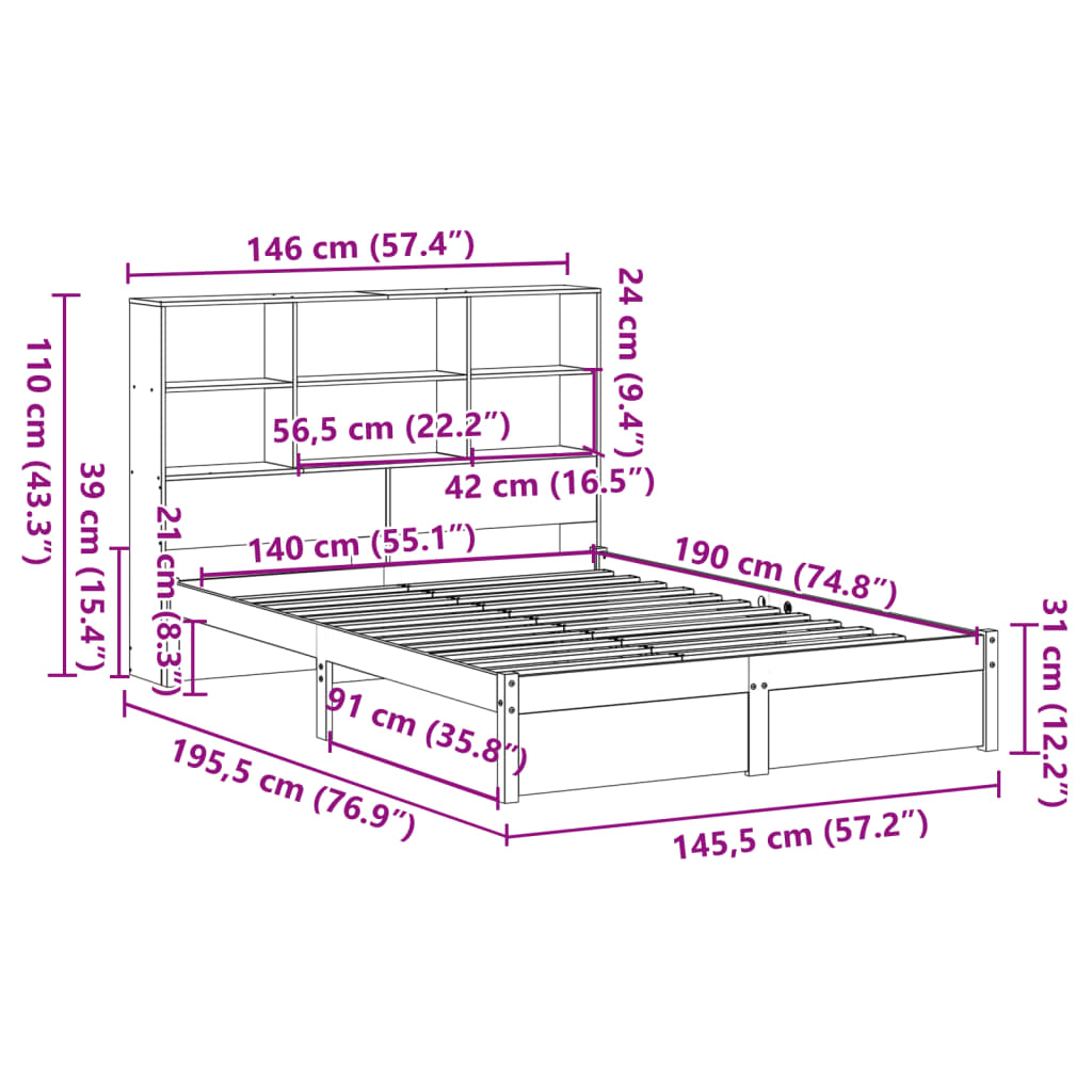 vidaXL Cama con estantería sin colchón madera maciza blanca 140x190 cm