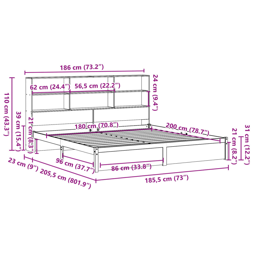 vidaXL Cama con estantería sin colchón madera maciza de pino 180x200cm