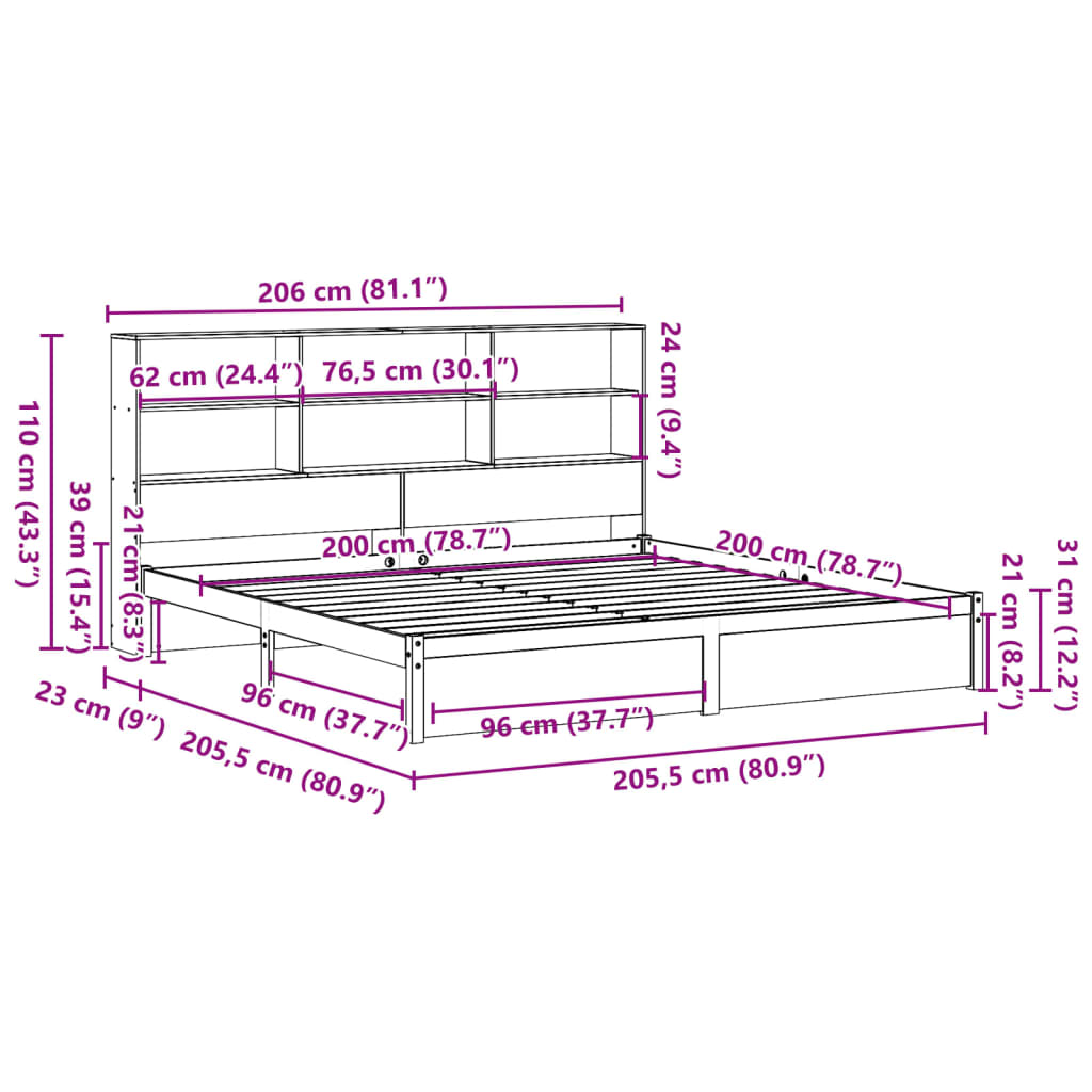 vidaXL Cama con estantería sin colchón madera maciza de pino 200x200cm