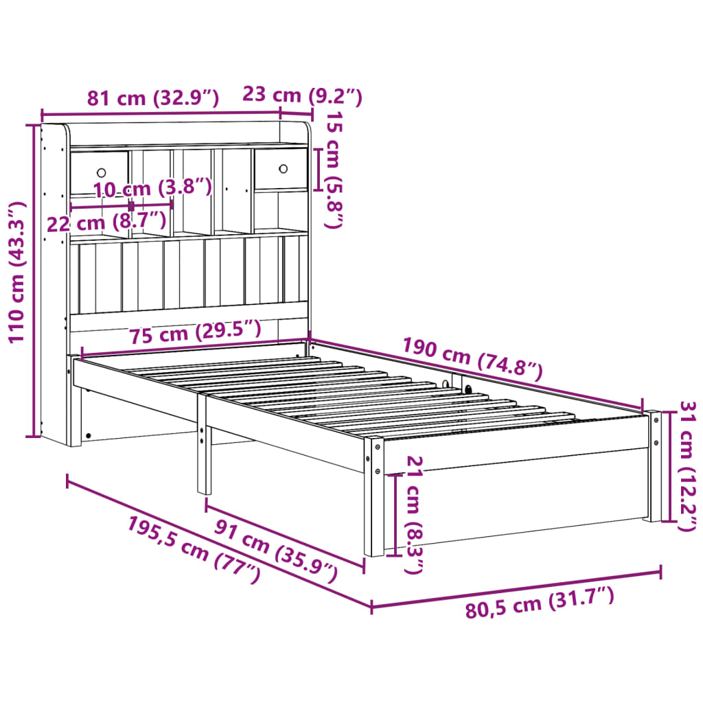 vidaXL Cama con estantería sin colchón madera maciza de pino 75x190 cm