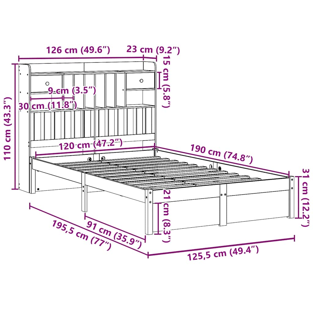 vidaXL Cama con estantería sin colchón madera maciza de pino 120x190cm