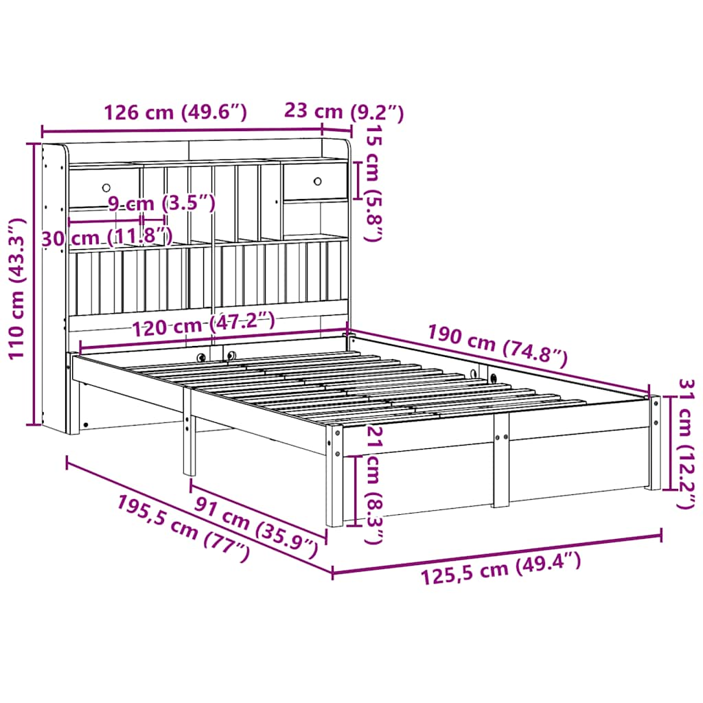 vidaXL Cama con estantería sin colchón madera maciza blanca 120x190 cm