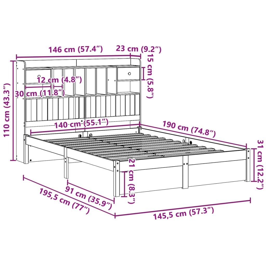 vidaXL Cama con estantería sin colchón madera maciza blanca 140x190 cm