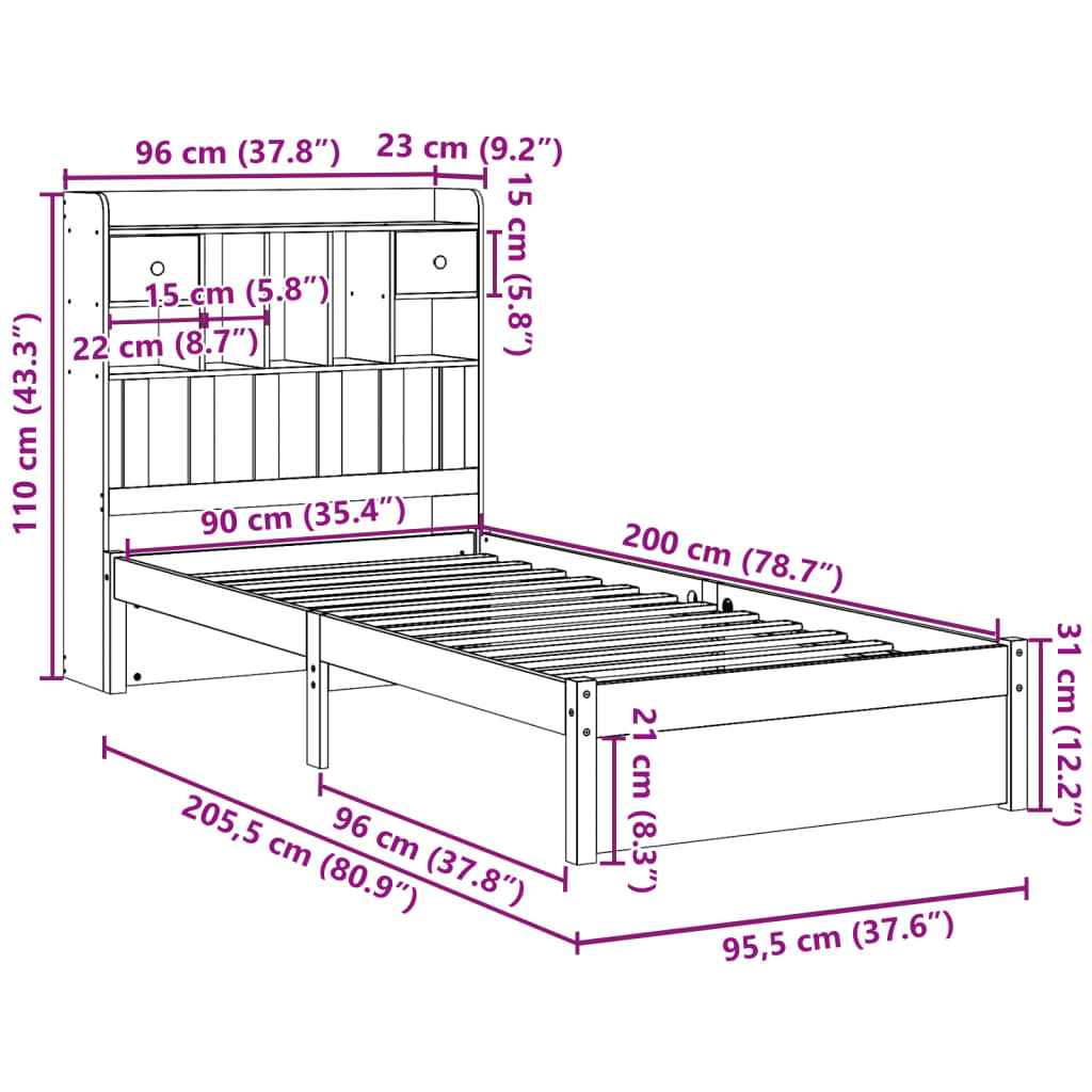 vidaXL Cama con estantería sin colchón madera maciza de pino 90x200 cm