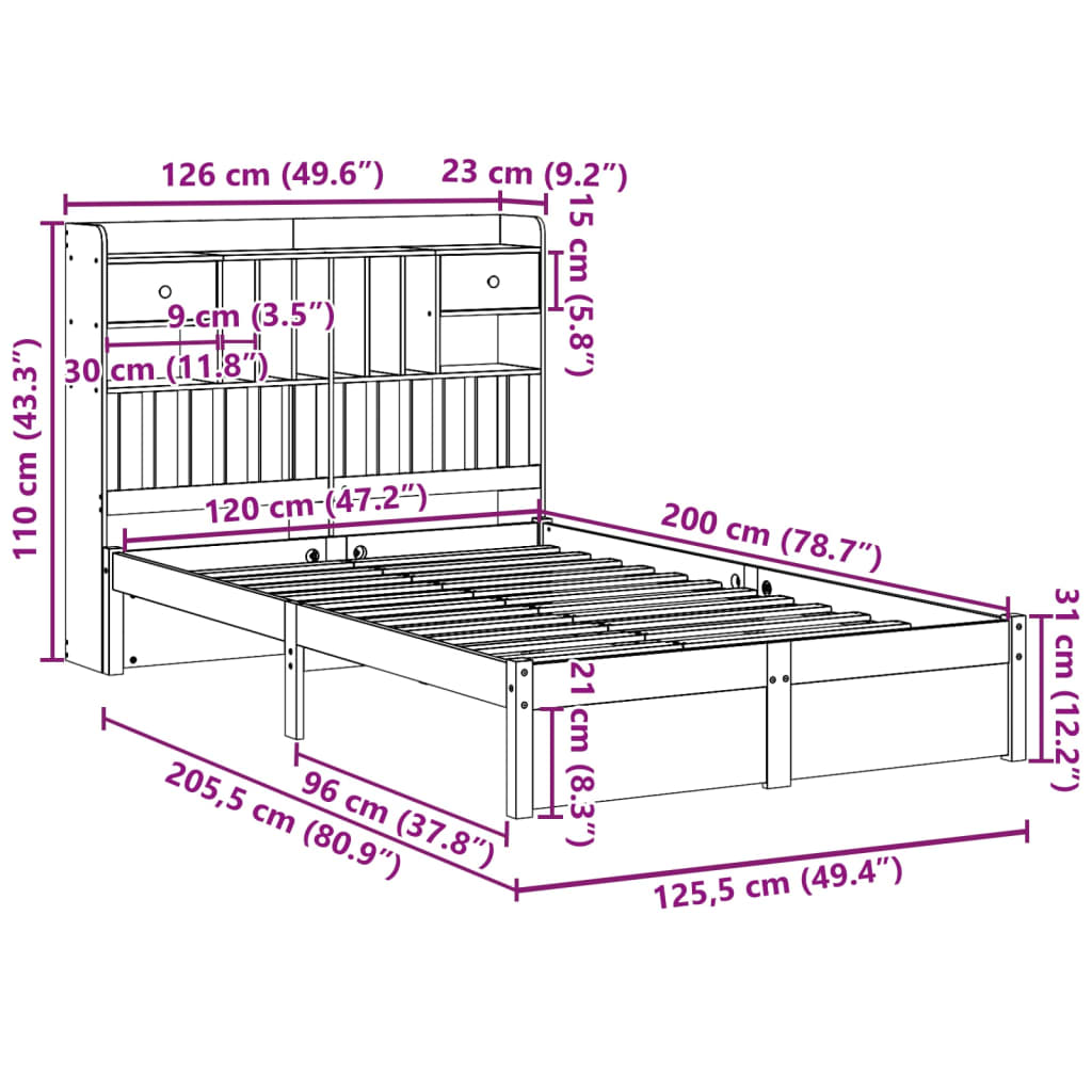 vidaXL Cama con estantería sin colchón madera maciza de pino 120x200cm