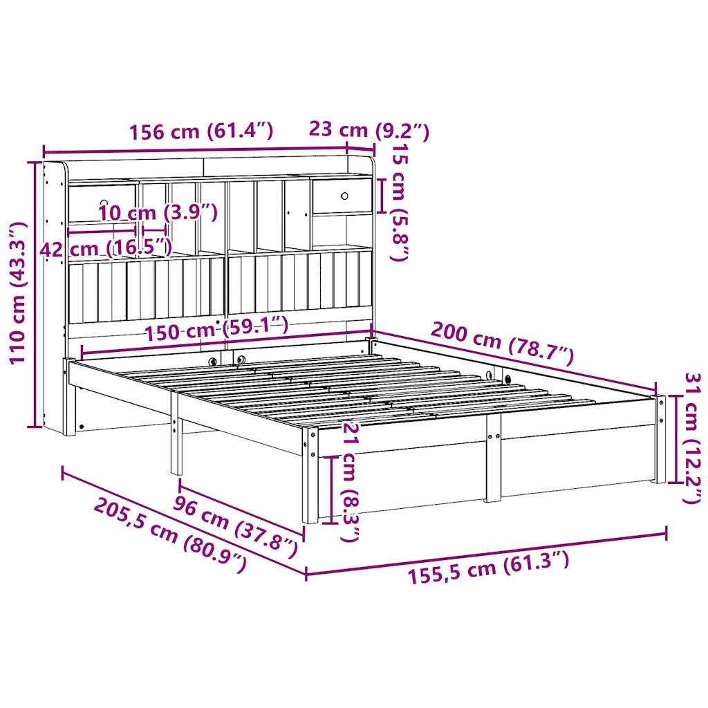 vidaXL Cama con estantería sin colchón madera maciza de pino 150x200cm