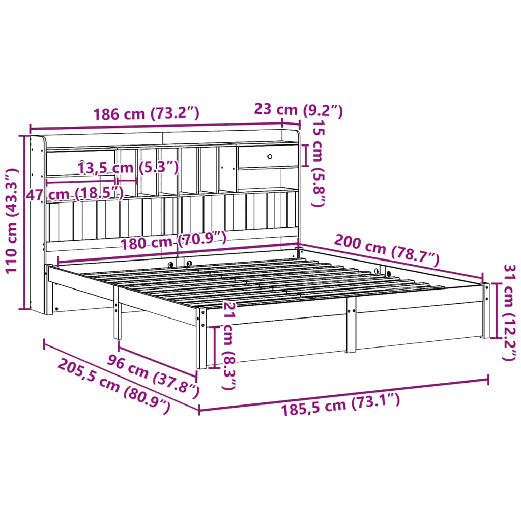 vidaXL Cama con estantería sin colchón madera maciza de pino 180x200cm