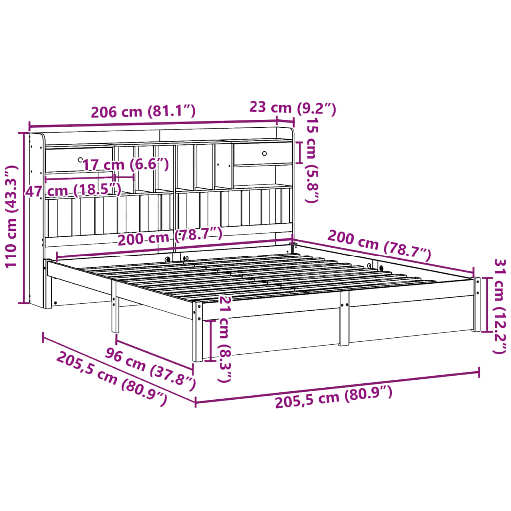 vidaXL Cama con estantería sin colchón madera maciza de pino 200x200cm