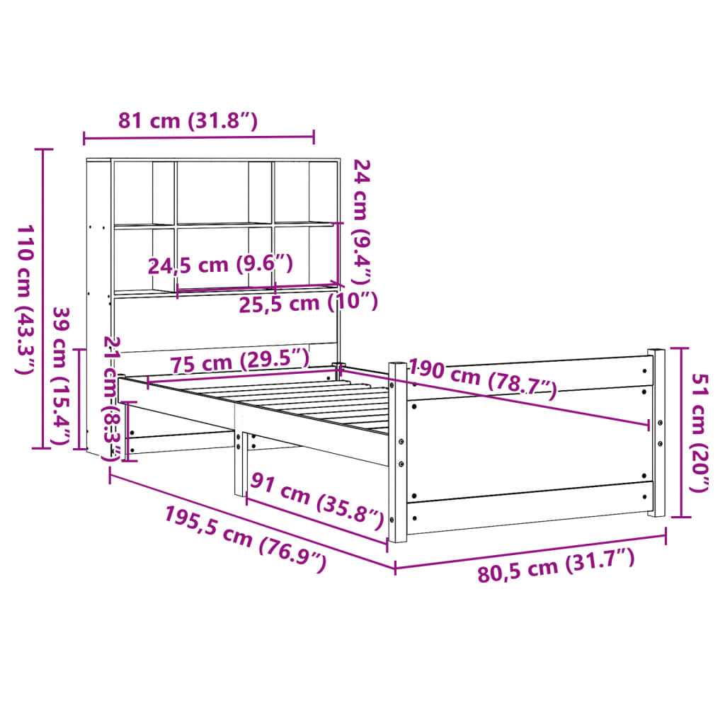 vidaXL Cama con estantería sin colchón madera maciza de pino 75x190 cm