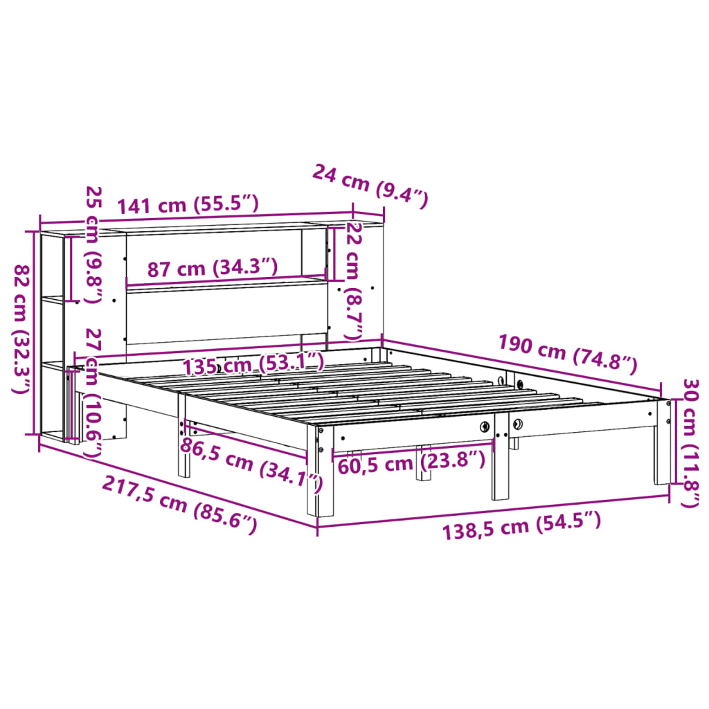 vidaXL Cama con estantería sin colchón madera maciza de pino 135x190cm