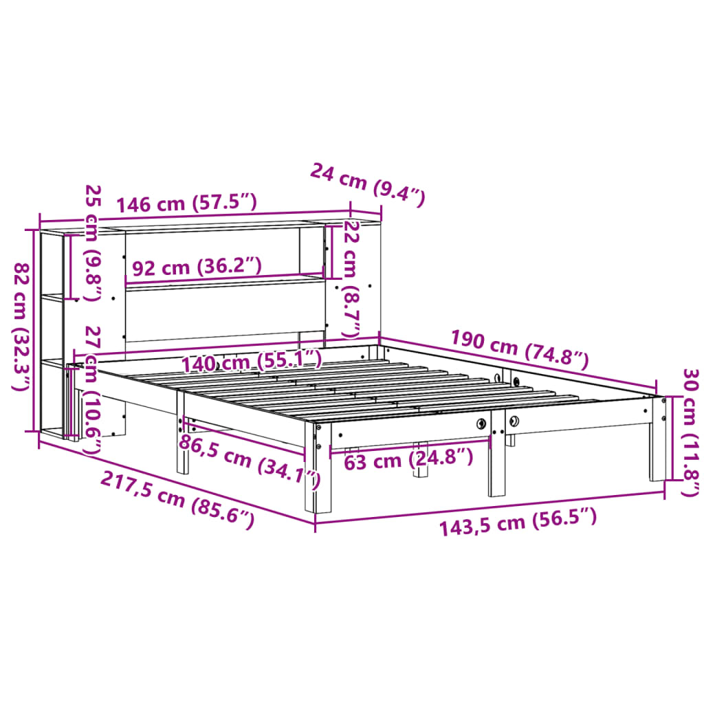 vidaXL Cama con estantería sin colchón madera maciza de pino 140x190cm