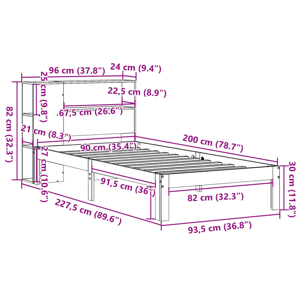 vidaXL Sofá con estantería sin colchón madera maciza marrón 90x200 cm