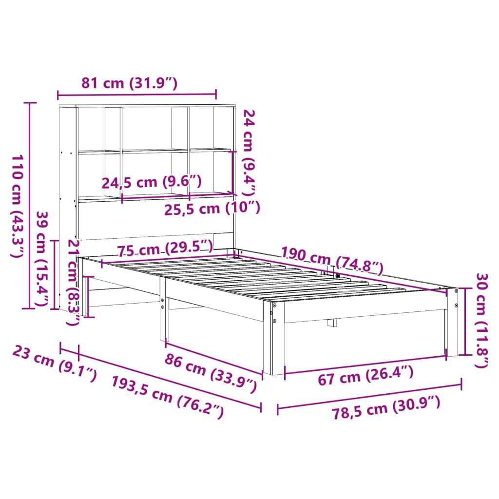 vidaXL Cama con estantería sin colchón madera maciza de pino 75x190 cm