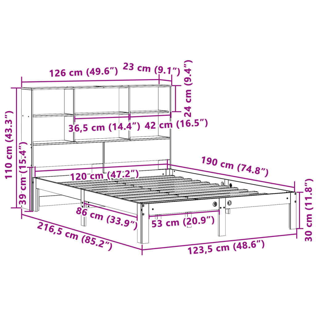 vidaXL Cama con estantería sin colchón madera maciza de pino 120x190cm