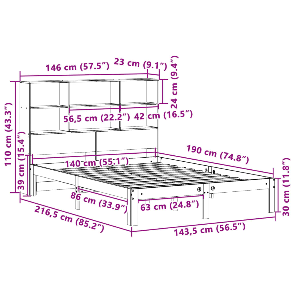 vidaXL Cama con estantería sin colchón madera maciza de pino 140x190cm