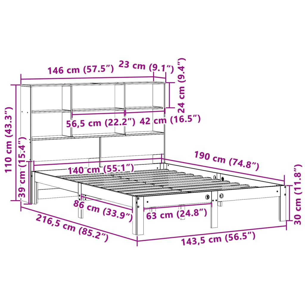 vidaXL Cama con estantería sin colchón madera maciza blanca 140x190 cm