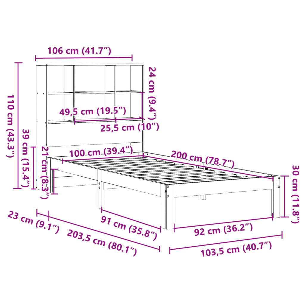 vidaXL Cama con estantería sin colchón madera maciza blanca 100x200 cm