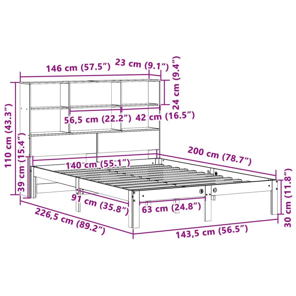 vidaXL Cama con estantería sin colchón madera maciza blanca 140x200 cm