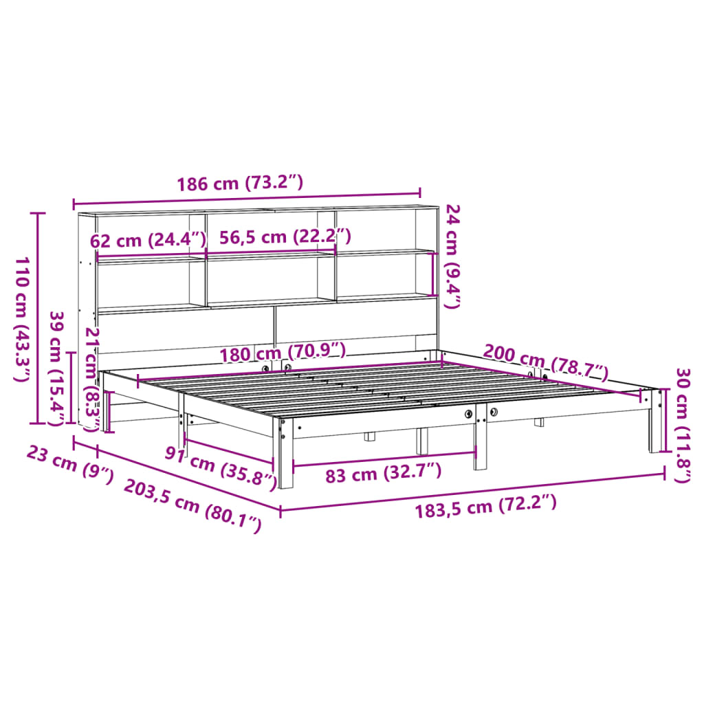 vidaXL Cama con estantería sin colchón madera maciza de pino 180x200cm