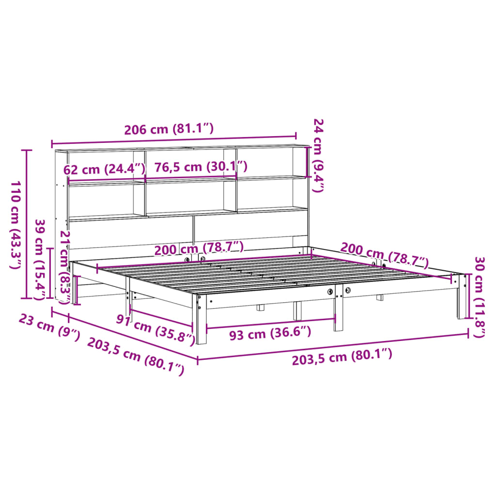 vidaXL Cama con estantería sin colchón madera maciza de pino 200x200cm