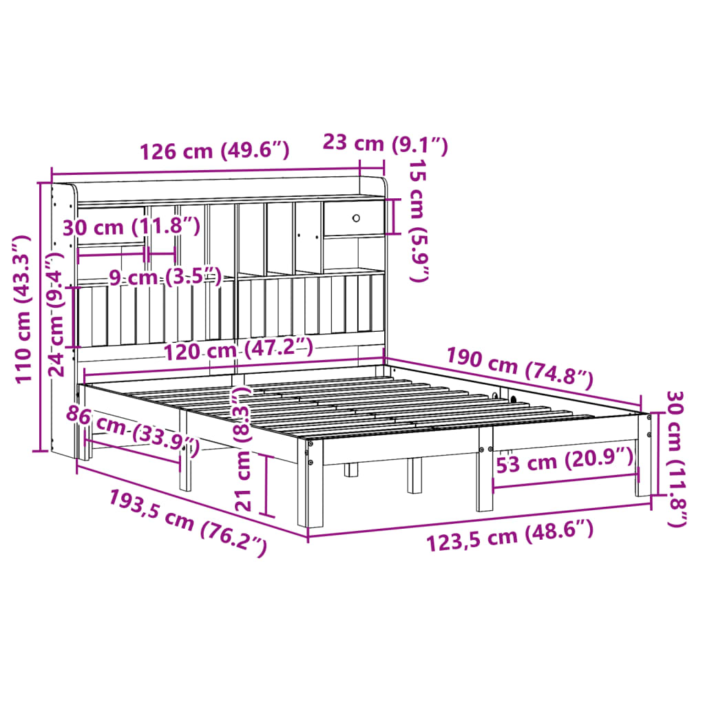 vidaXL Cama con estantería sin colchón madera maciza de pino 120x190cm