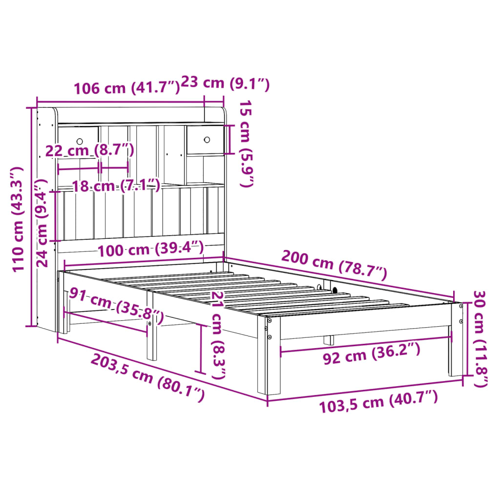 vidaXL Cama con estantería sin colchón madera maciza blanca 100x200 cm