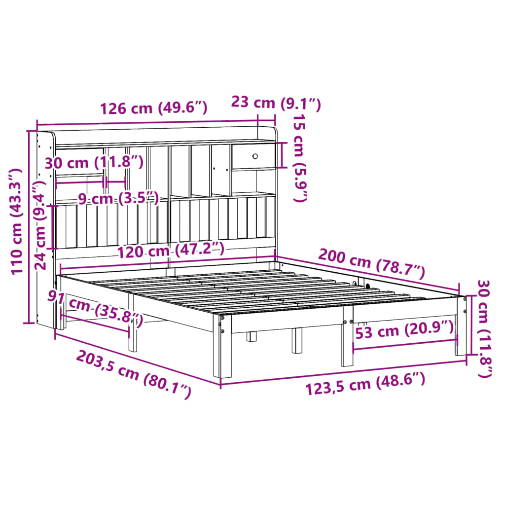 vidaXL Cama con estantería sin colchón madera maciza de pino 120x200cm