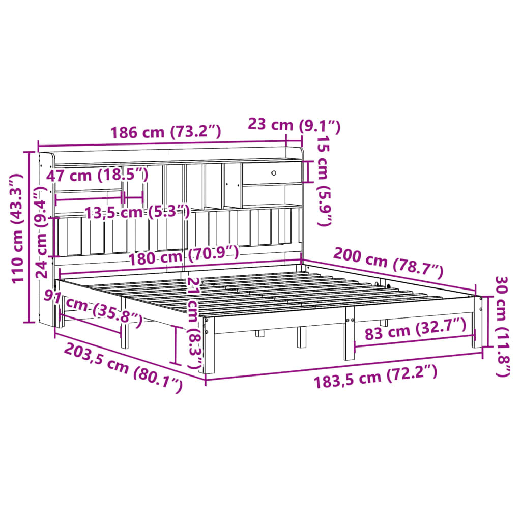 vidaXL Cama con estantería sin colchón madera maciza de pino 180x200cm